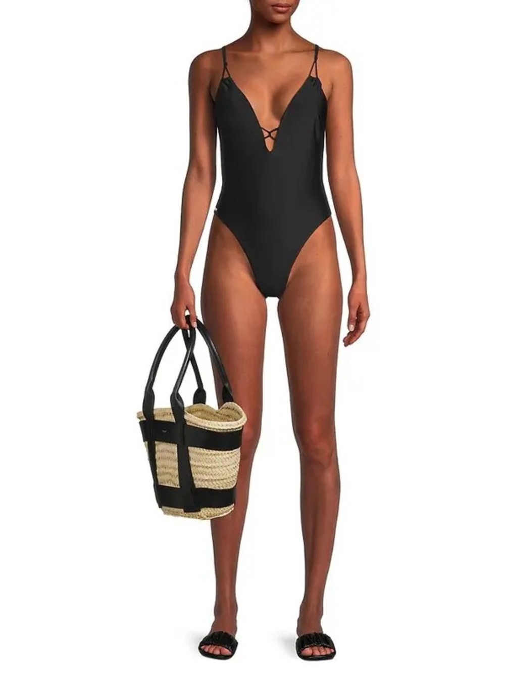 MILLY CABANA Black Carvico Vita Solid Deep V One-Piece High Cut Resort Swimsuit